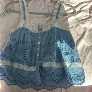 LoveShackFancy Blue Sleeveless Cropped Blouse
